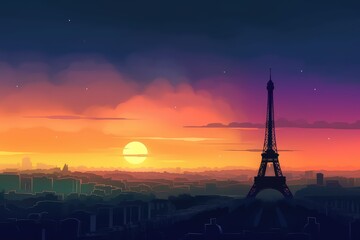 Paper cut 3d illustration of Paris, Eiffel Tower, with dark sunset, generative ai