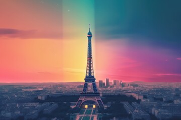 Paper cut 3d illustration of Paris, Eiffel Tower, with dark sunset, generative ai