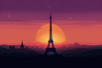 Fototapeta na wymiar Paper cut 3d illustration of Paris, Eiffel Tower, with dark sunset, generative ai