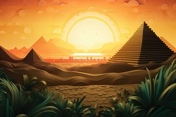 Paper cut 3d illustration of Egypt nature and culture, with dark sunset, generative ai