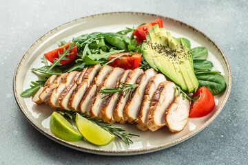 Grilled chicken or turkey breast with fresh vegetable salad. Detox and healthy superfoods bowl...