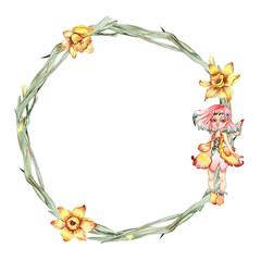 Summer flowers wreath,watercolor illustration for cards,backgrounds. Watercolor illustration for scrapbooking. Cartoon hand drawn background with flower for kids design.Perfect for wedding invitation.