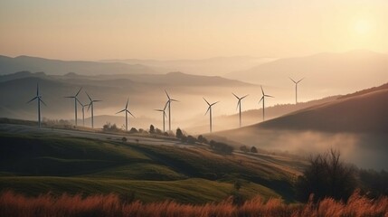 Eine Aufnahme von Windrädern umgeben von einer wunderschönen Landschaft am Morgen.
