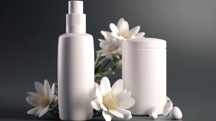 Cosmetic bottle mockup with white flowers