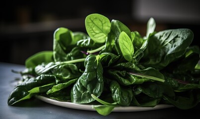  a plate of green spinach leaves on a dark surface.  generative ai