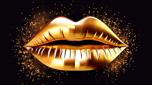 Abstract gold lips. Golden lips closeup. Gold metal art lip. Beautiful makeup.