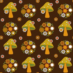 mushroom and floral seamless pattern on brown background