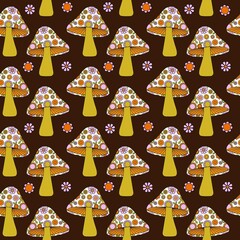 flowered mushroom mod seamless pattern on brown background