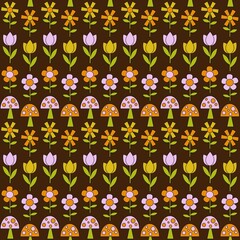 mushroom and flower mod seamless pattern on brown background