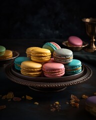Still life scene of colorful and exquisite macarons, Delicate fine french pastry, AI generated