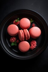 strawberry macaron, on a black plate and black background, top view