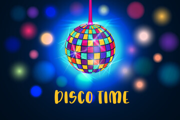 Disco ball with disco lights. Bright colorful vector illustration of hanging discotheque ball with glowing light and bokeh background.