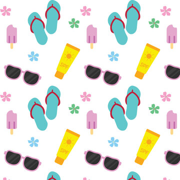 summer seamless pattern with images of spf, slippers, watermelon, glasses, ice cream