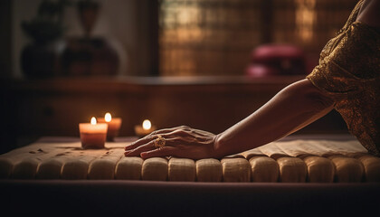 Women holding candle enjoy tranquil spa treatment generated by AI