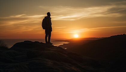 Obraz premium Silhouette of men hiking mountain peak at dawn generated by AI