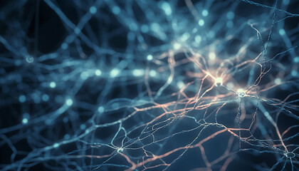 Glowing nerve cells connect in futuristic synapse pattern generated by AI