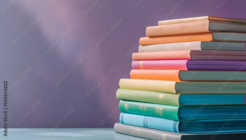 Poster a colorful stack of literature in the library generated by ai