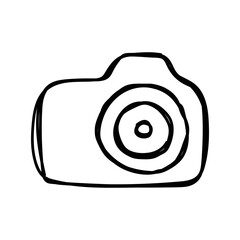 Doodle illustration of a camera isolated on a white background. Camera icon drawn by hand. Vector illustration
