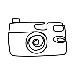 Doodle illustration of a camera isolated on a white background. Camera icon drawn by hand. Vector illustration