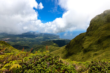 Panoramic view from Mount Pelée hiking track on the tropical island Martinique, France. Lush...