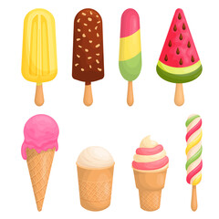 Cartoon ice cream. Flat ice cream collection.