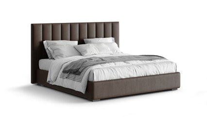 Modern double bed on isolated white background. Furniture for the modern interior, minimalist design. Eco leather. 
