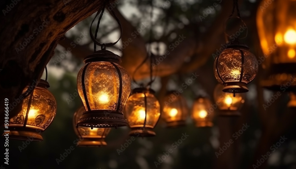 Wall mural ancient lanterns hanging in a row, glowing brightly generated by ai