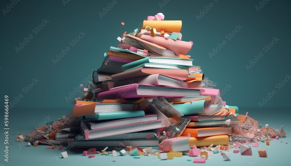Poster large stack of textbooks in library collection generated by ai