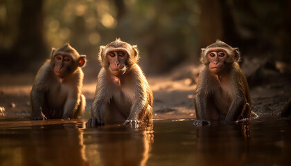 Young macaque sitting by water in reflection generated by AI