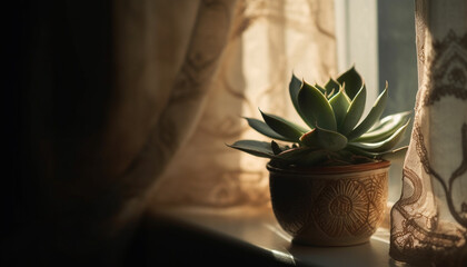 Green houseplant on table by window sill generated by AI