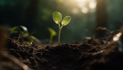 Fresh green sapling grows from wet soil generated by AI
