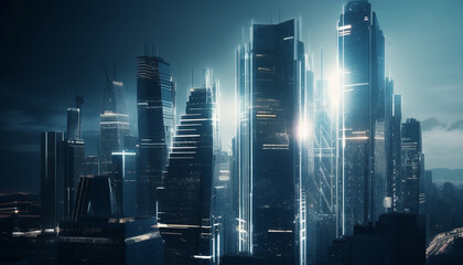 Obraz na płótnie Canvas Glowing skyscrapers illuminate the modern city skyline generated by AI