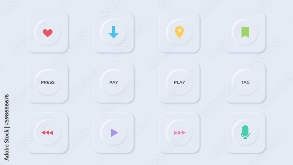 Poster 12 neomorphism buttons. editable neumorphism buttons with text and colorful icons (location, like, d