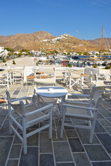 Typical seaside restaurant with beautiful sea view in Livadi village on Serifos Island. Greece
