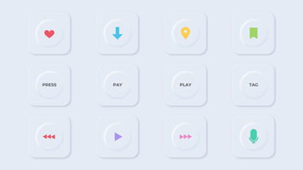 12 Neomorphism Buttons. Editable Neumorphism buttons with text and colorful icons (location, like, download, microphone, play, previous, next).