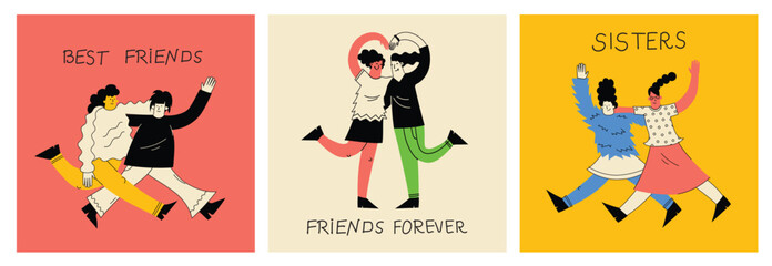 Best friends cocept illustration. Vector illustration of multicultural girls and multicultural friendship. Happy friendship day. Teenage girl friends hugging and having fun.