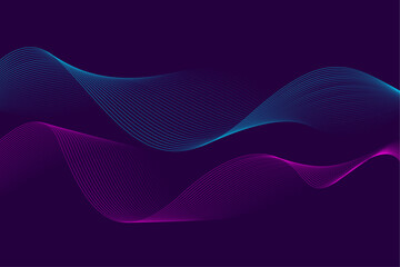 Abstract 3d waves on dark purple background. Digital blue and pink gradient line waves with dynamic effect. Futuristic vector background for website, banner, technology, marketing, wallpaper.
