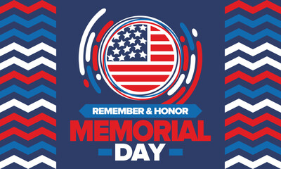 Memorial Day in United States. Remember and Honor. Federal holiday for remember and honor persons who have died while serving in the United States Armed Forces. Celebrated in May. Vector poster