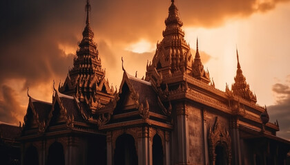 Fototapeta premium Majestic pagoda at dusk, ancient spirituality shines generated by AI
