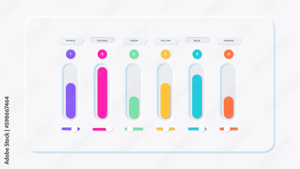 Poster colorful infographic template. 6 editable graphs with text placeholders and toggle buttons in neumor