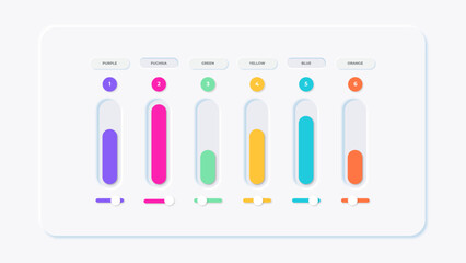 Colorful Infographic Template. 6 Editable graphs with text placeholders and toggle buttons in neumorphism style.

