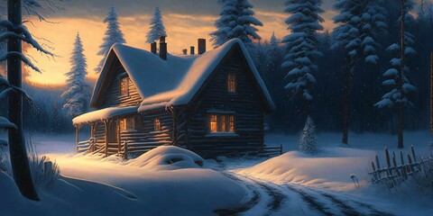 A painting of a cabin in a snowy landscape - generative AI