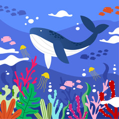 Oceans colorful design with underwater ocean, Whale, coral, sea plants, and jellyfish