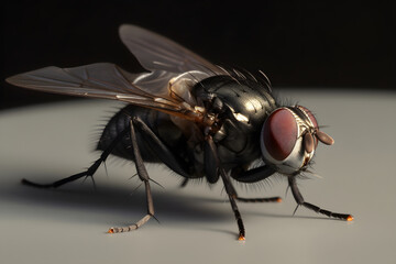 Large fly on gray table, dark background, macro. Generative AI content. Generative AI