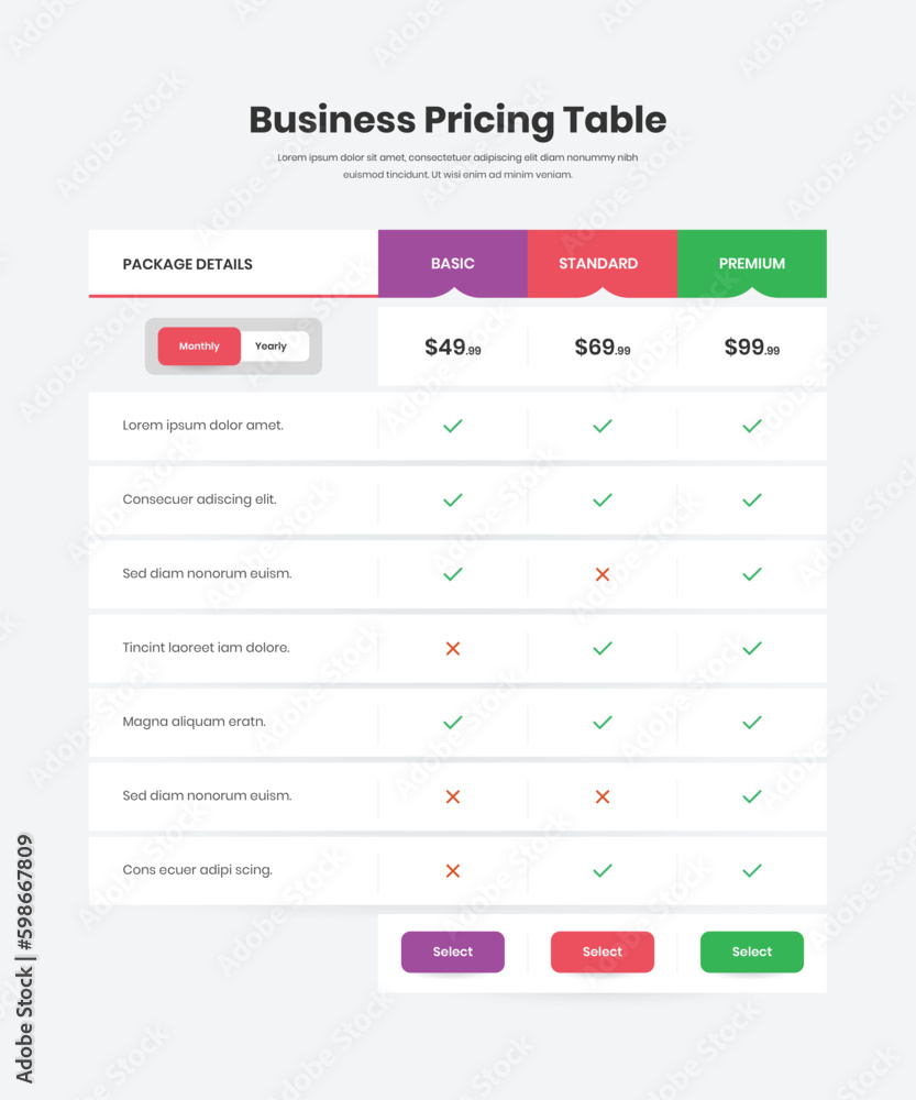 Canvas Prints professional business package list and subscription plan pricing table design