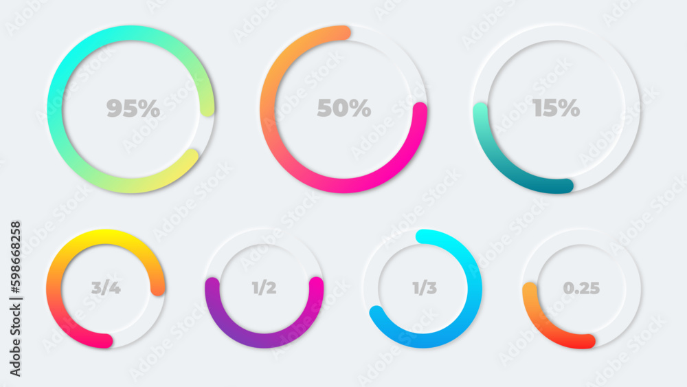Poster 7 editable gradient neumorphism circular progress bars. vector graphic templates.