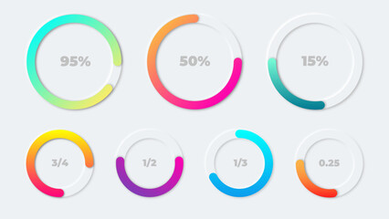7 Editable gradient Neumorphism circular progress bars. Vector Graphic Templates.