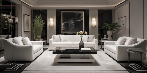 Fototapeta na wymiar AI Generated. AI Generative. Macro shot of photo realistic living luxury room in mininalistic style. Rich calm vibe. Graphic Art