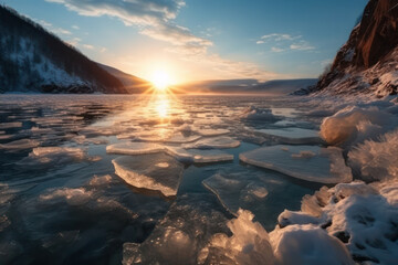 Spectacular sunrise in winter over frozen ice lake Baikal .Sunny outdoor scene. Nature beauty concept background. Generative AI Generative AI