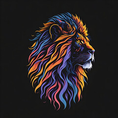 A design of a lion, sunset design, t- shirt art, 3D vector art, cute and quirky, bright bold colorful., black background, watercolor effect, , digital painting